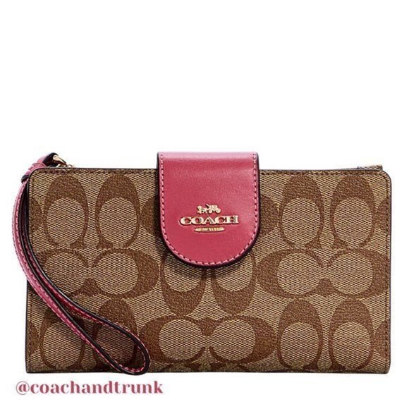COACH Tech Phone Wallet Khaki and Strawberry Haze Wrist Strap NWT - Picture 3 of 9